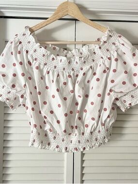 J.Crew Smocked Puff Sleeve Polka Dot Crop Top Off Shoulder White Large